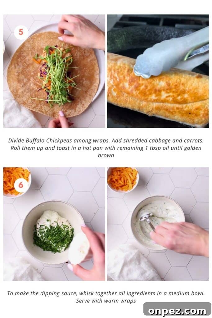 Spicy Vegan Buffalo Chickpea Wrap Recipe 6 Wrap is filled with Buffalo Chickpeas, shredded cabbage, and carrots, rolled up and toasted golden brown in a hot pan.