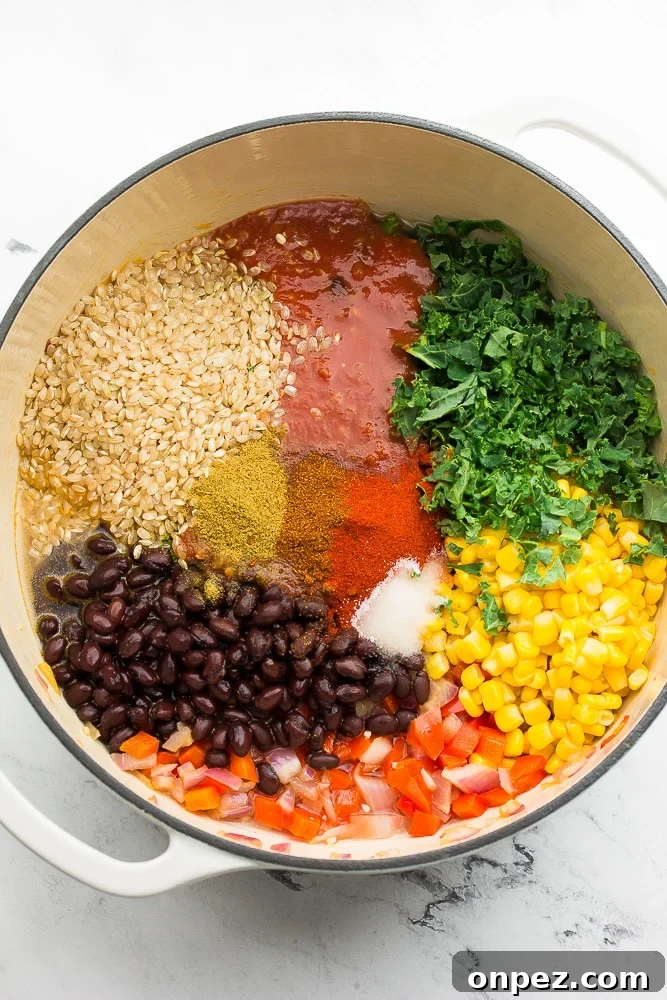 Vegan Burritos with Black Beans and Rice 4 white pot with beans, rice, corn, salsa and more