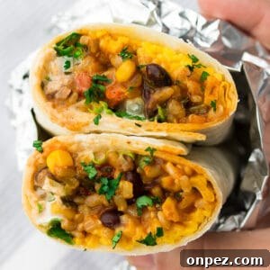 Vegan Burritos with Black Beans and Rice 6 square image of vegan burrito wrapped in foil