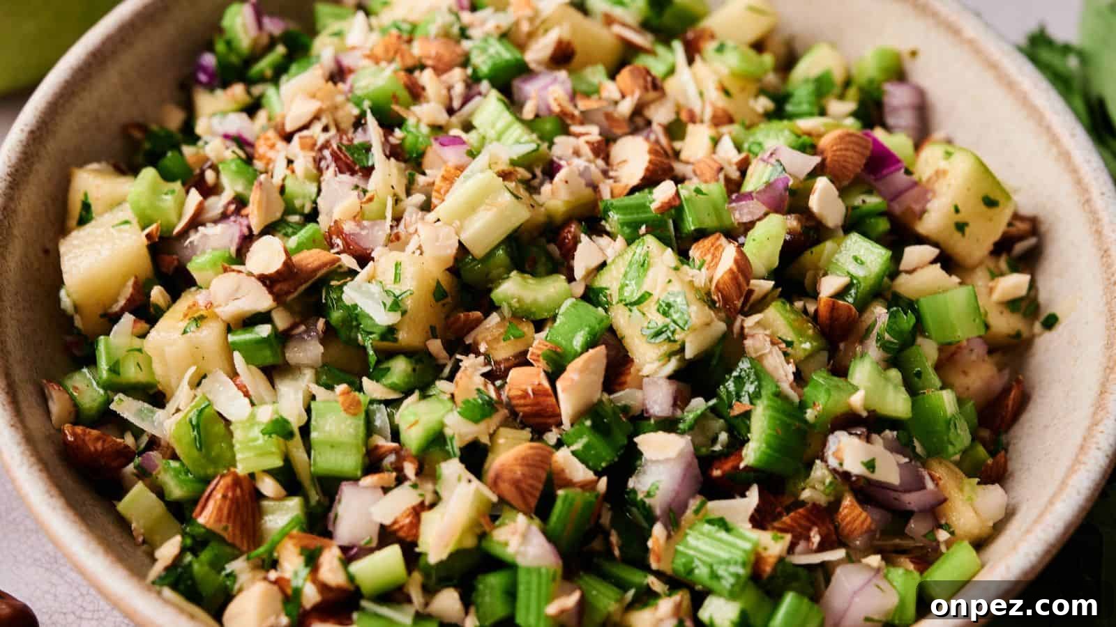 A bowl filled with chopped celery, red onion, apples, almonds, and fresh herbs.