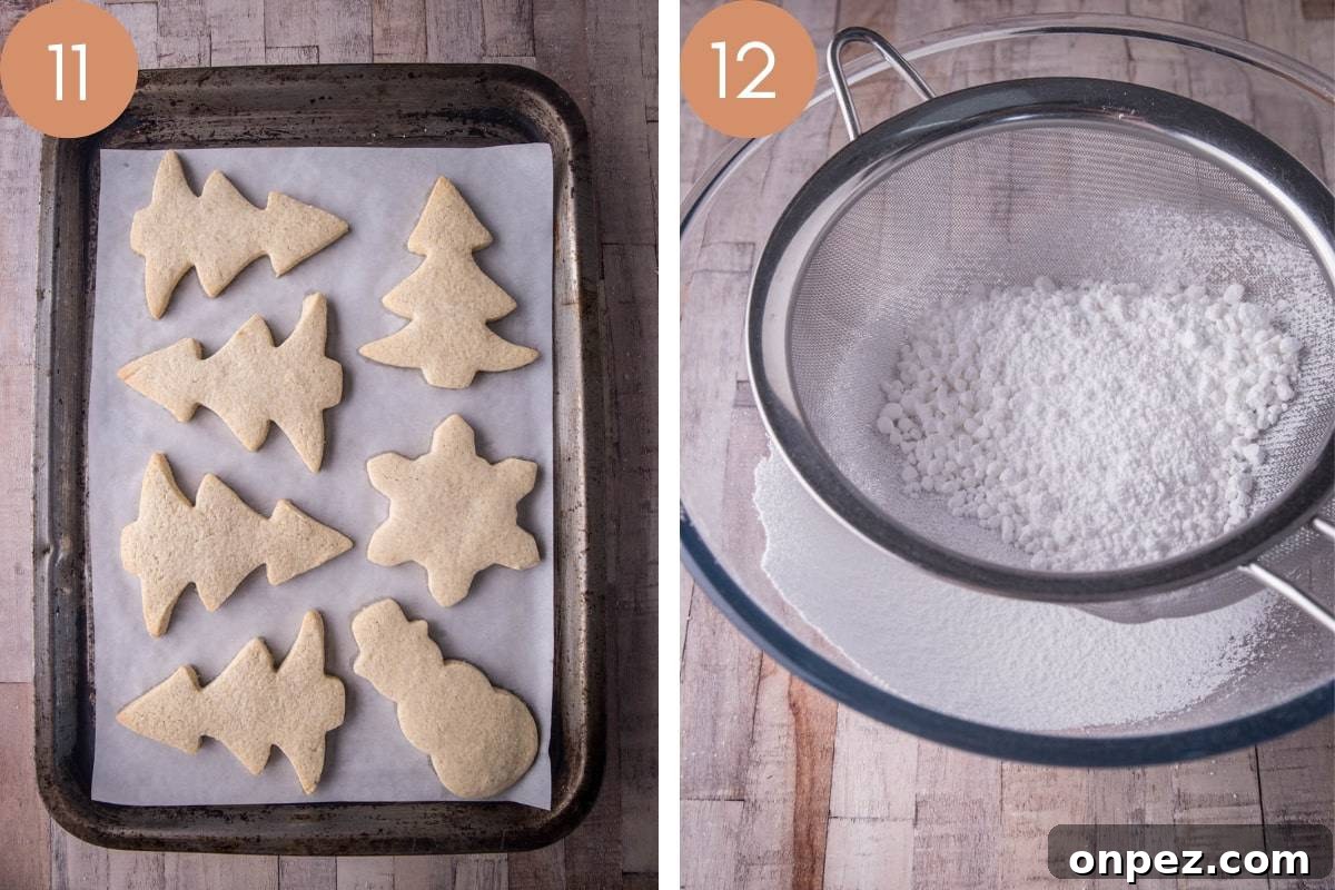 Gluten-Free Christmas Cookies for the Holidays 11 baked cookies on a tray and icing being make in a glass bowl with a sieve on top.