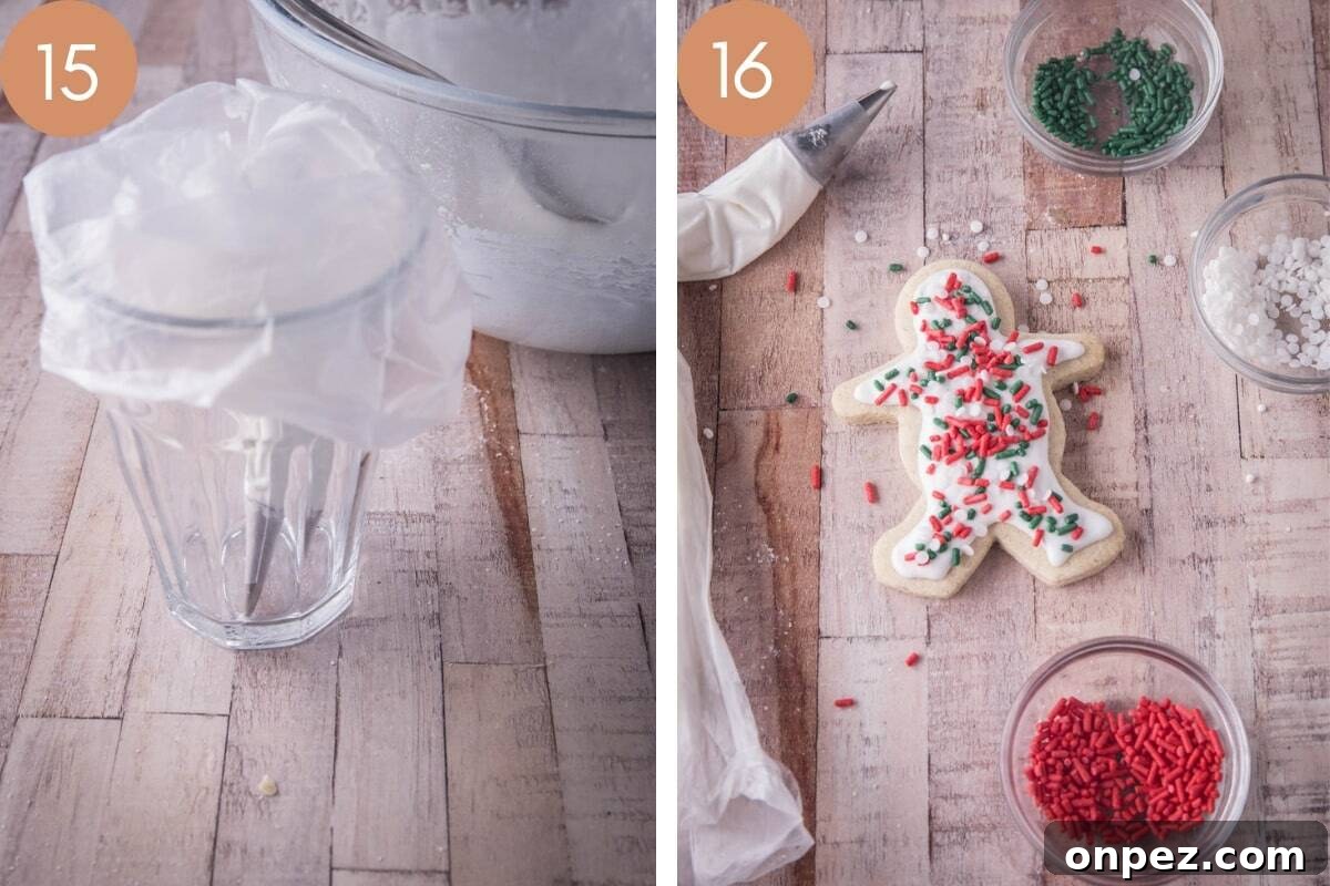 Gluten-Free Christmas Cookies for the Holidays 13 royal icing being piped into piping bag and cookie being decorated on table