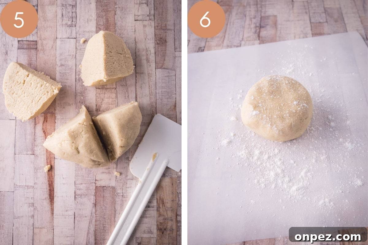 Gluten-Free Christmas Cookies for the Holidays 8 cookie dough cut on a table and cookie dough ball on a piece of parchment