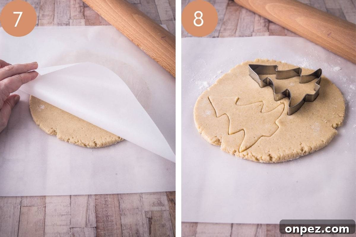 Gluten-Free Christmas Cookies for the Holidays 9 cookie dough rolled out between parchment and cookie dough rolled out with shapes cut out