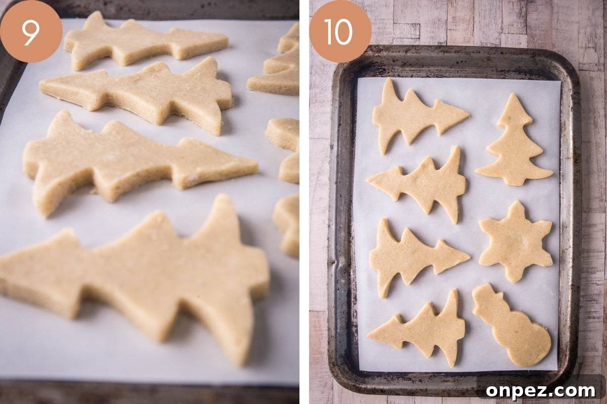 Gluten-Free Christmas Cookies for the Holidays 10 cut out biscuit dough on lined baking tray. Close up and wide shot
