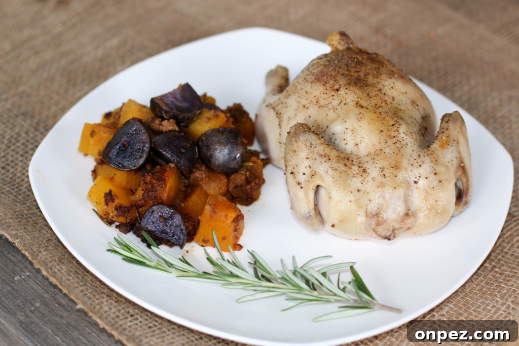 Cornish Hens with pumpkin, purple potatoes and chorizo