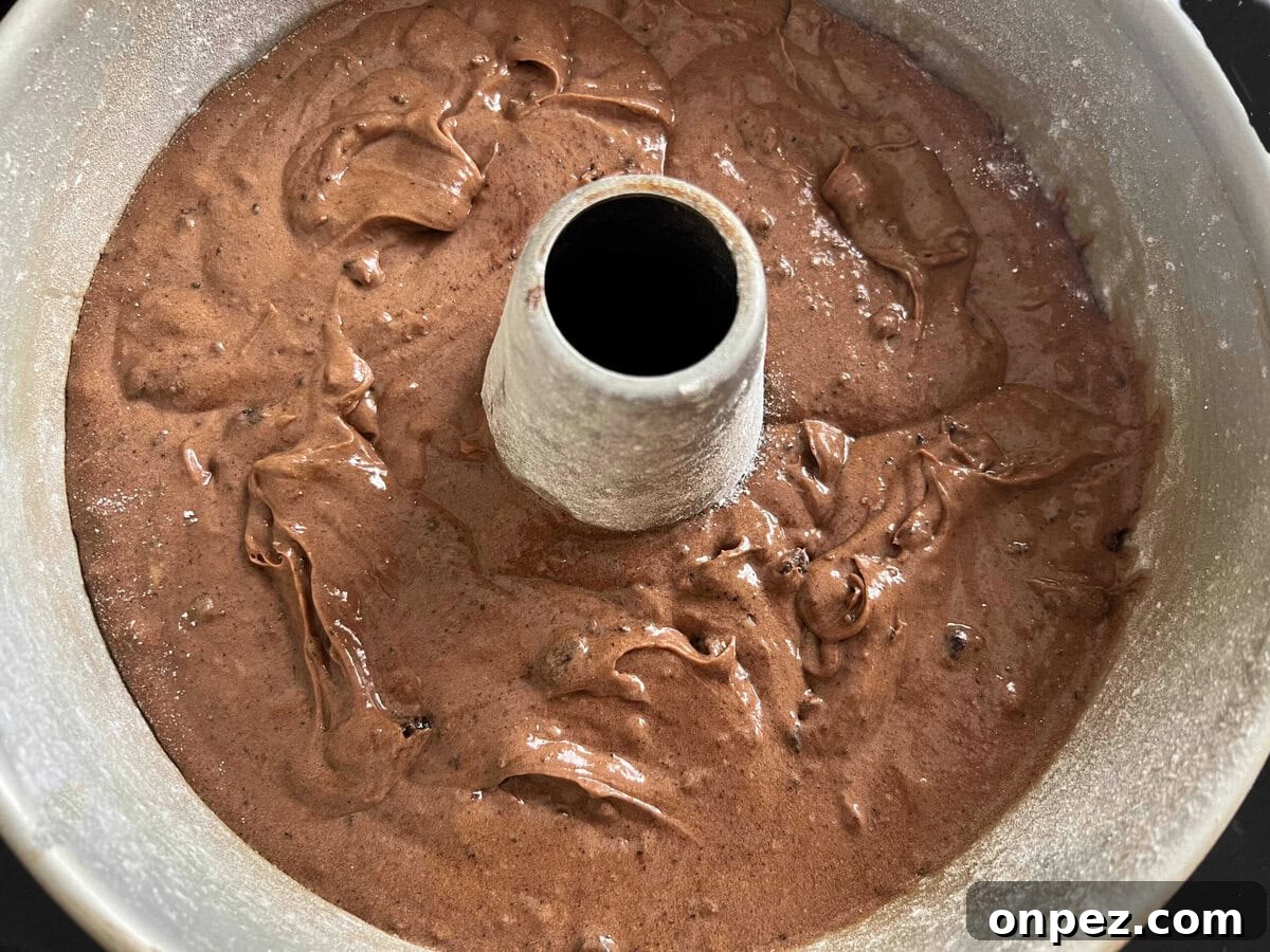 Chocolate Oreo Pound Cake Recipe 4 Batter in the prepared pan.