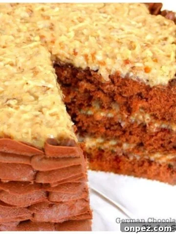 Closeup of sliced German Chocolate Cake.