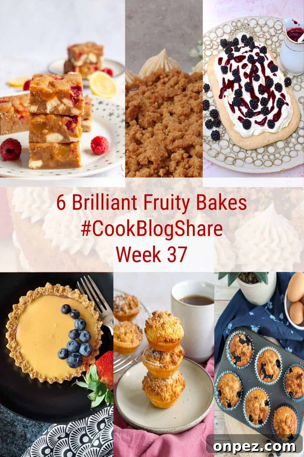 Fruity Bakes Cakes Crumbles and Dessert Recipes 9 Pinterest image of a selection of bakes containing fruit