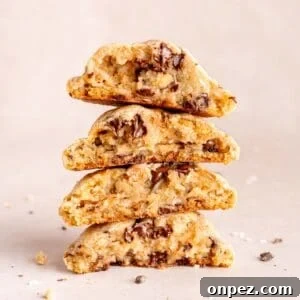 Levain Bakery Copycat Caramel Coconut Chocolate Chip Cookies 16 A stack of Levain Bakery copycat caramel coconut chocolate chip cookies.
