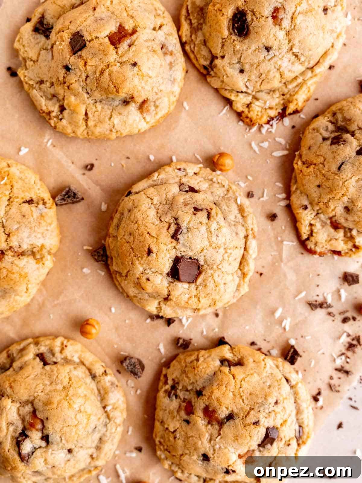 Levain Bakery Copycat Caramel Coconut Chocolate Chip Cookies 10 Top view of bakery style chocolate caramel coconut cookies.
