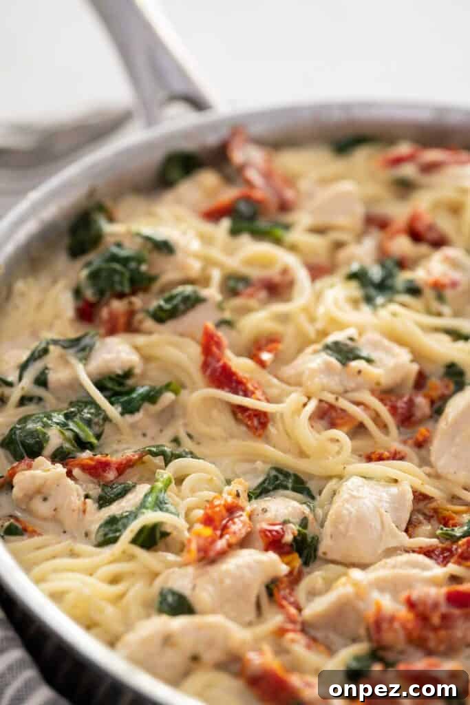 Skillet Creamy Tuscan Chicken Pasta 2 large skillet with creamy Tuscan chicken pasta