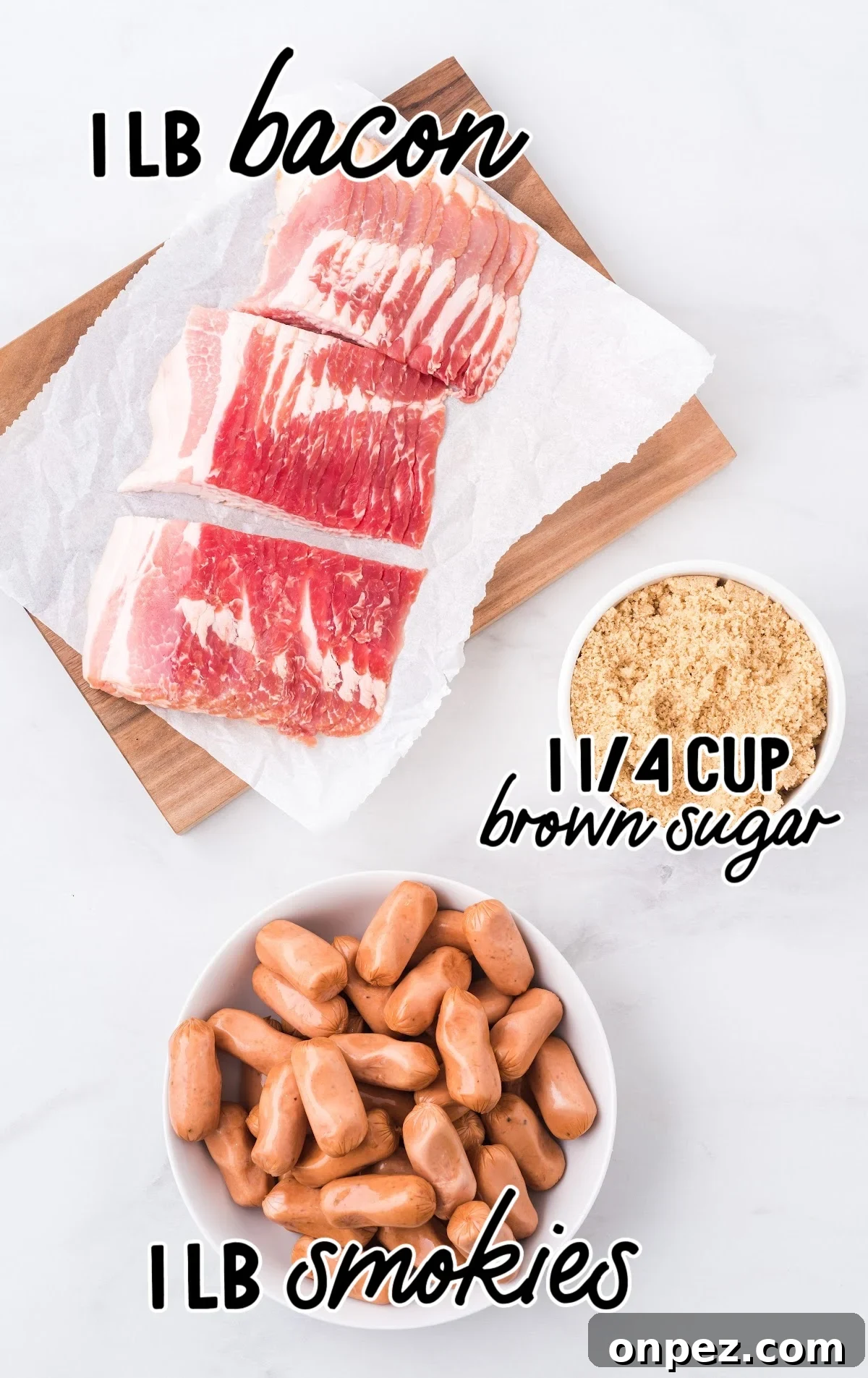 Brown Sugar Bacon-Wrapped Smokies — Crowd-Pleasing Appetizer 3 Raw ingredients for Bacon Wrapped Smokies.