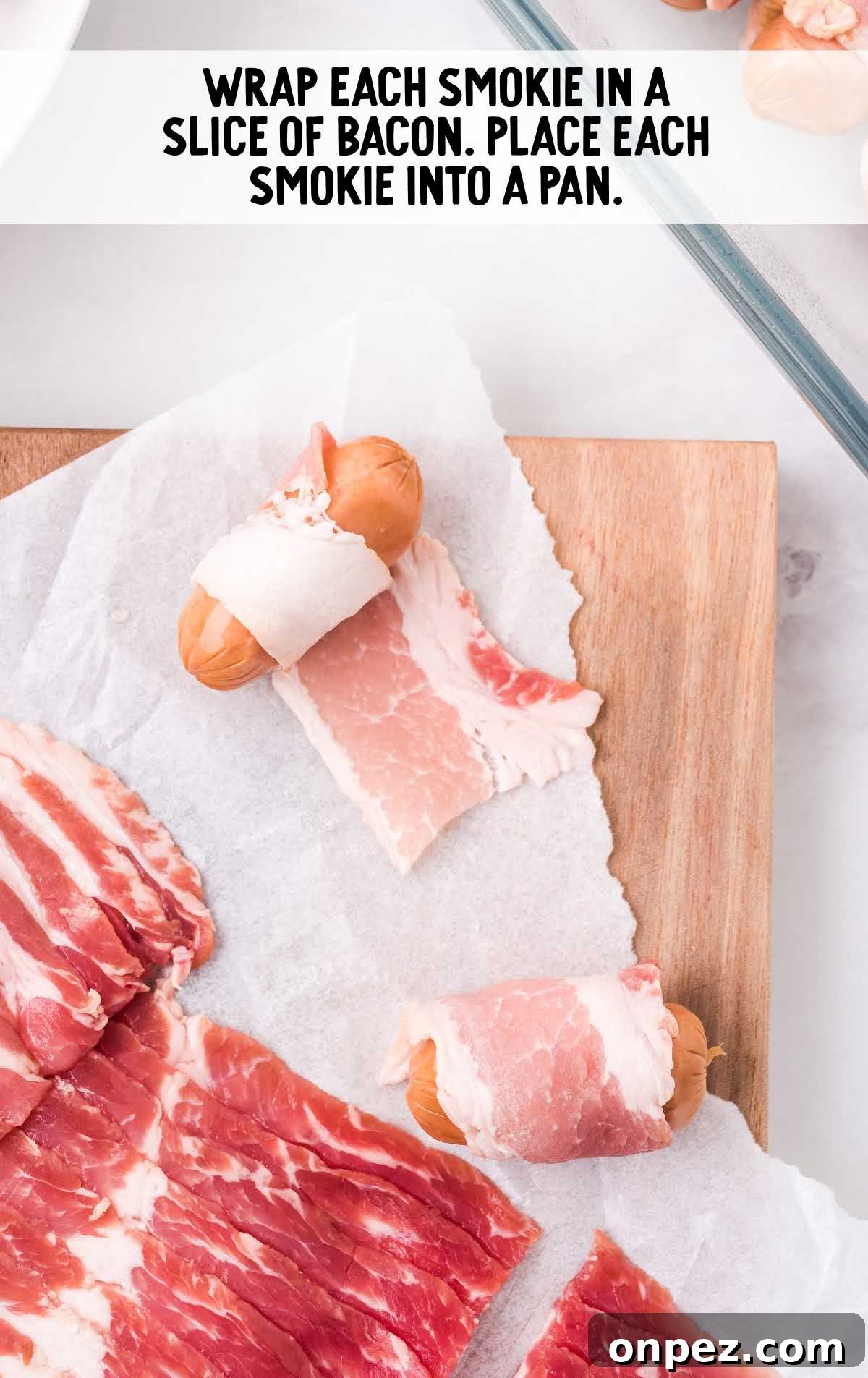 Brown Sugar Bacon-Wrapped Smokies — Crowd-Pleasing Appetizer 4 smokies wrapped in a slice of bacon and then placed into a pan