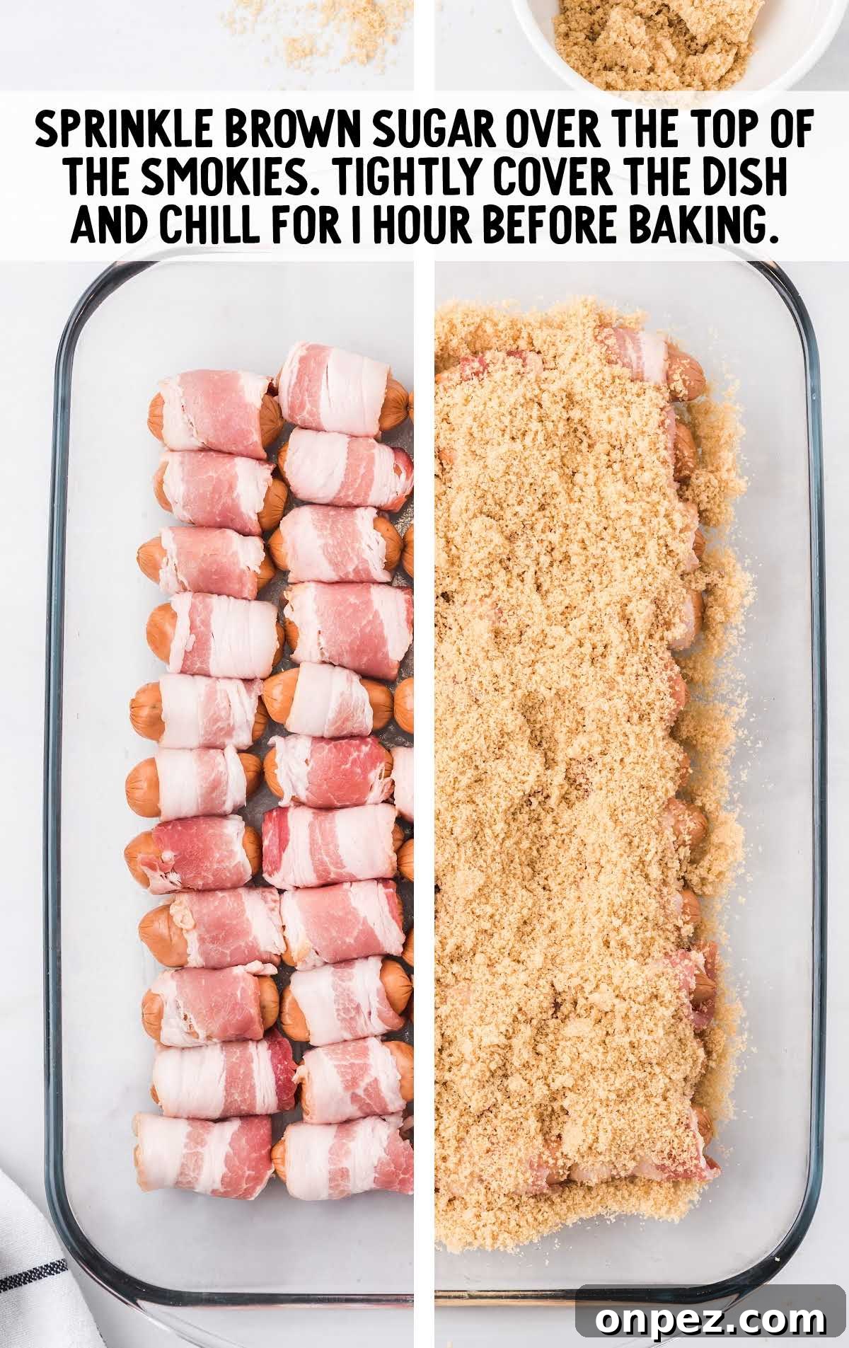 Brown Sugar Bacon-Wrapped Smokies — Crowd-Pleasing Appetizer 5 brown sugar sprinkled over the smokies on a baking dish