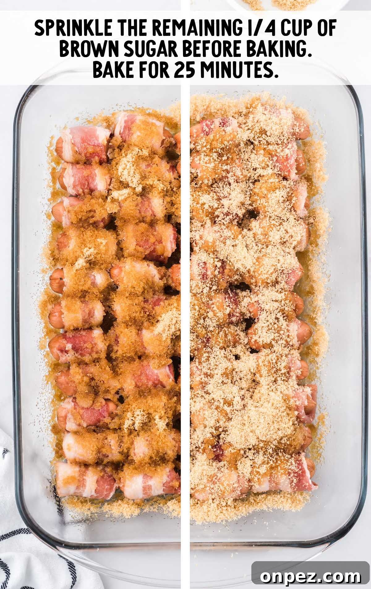 Brown Sugar Bacon-Wrapped Smokies — Crowd-Pleasing Appetizer 6 brown sugar sprinkled over the bacon wrap on a baking dish