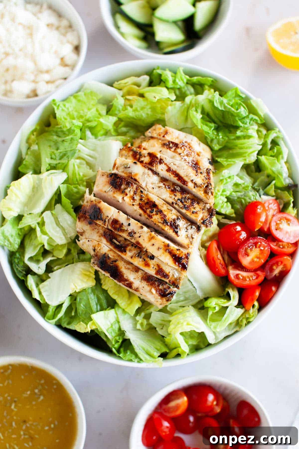 A bowl of lettuce topped with sliced, grilled chicken breast and sliced cherry tomatoes.