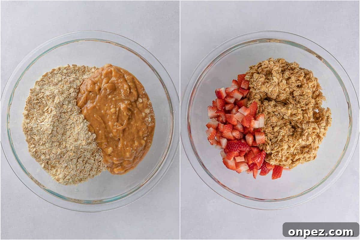 Adding strawberries to the healthy oatmeal strawberry bars.
