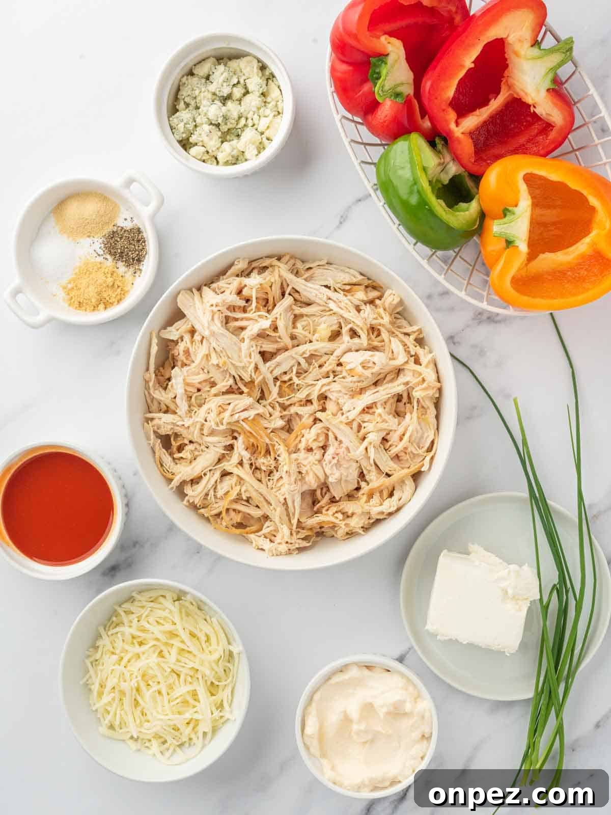 Buffalo Chicken Stuffed Bell Peppers 3 Ingredients needed for buffalo chicken stuffed peppers.