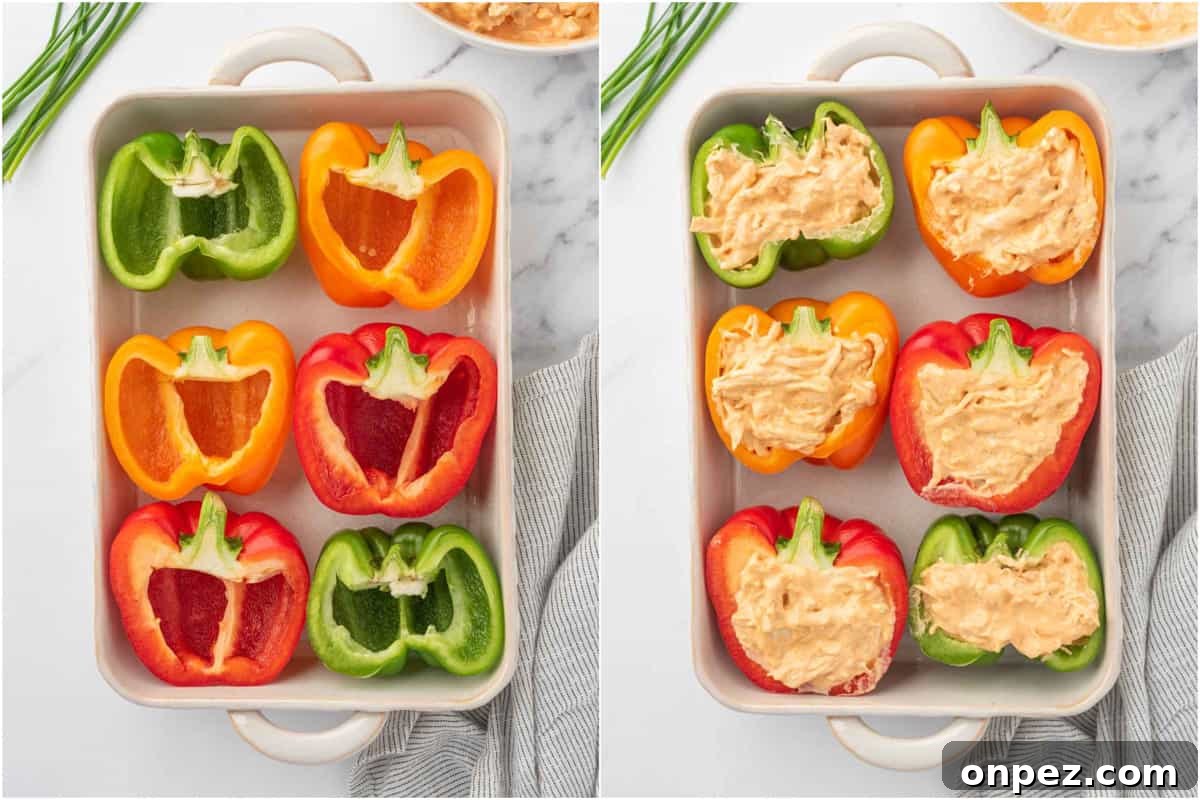 Buffalo Chicken Stuffed Bell Peppers 5 How to fill healthy chicken stuffed peppers.