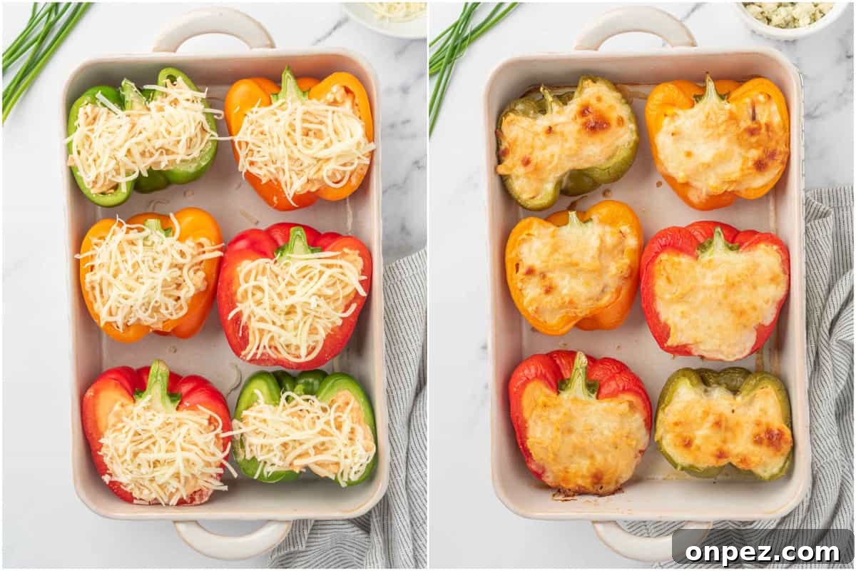 Buffalo Chicken Stuffed Bell Peppers 6 Before and after of cheese topped keto stuffed peppers with chicken.