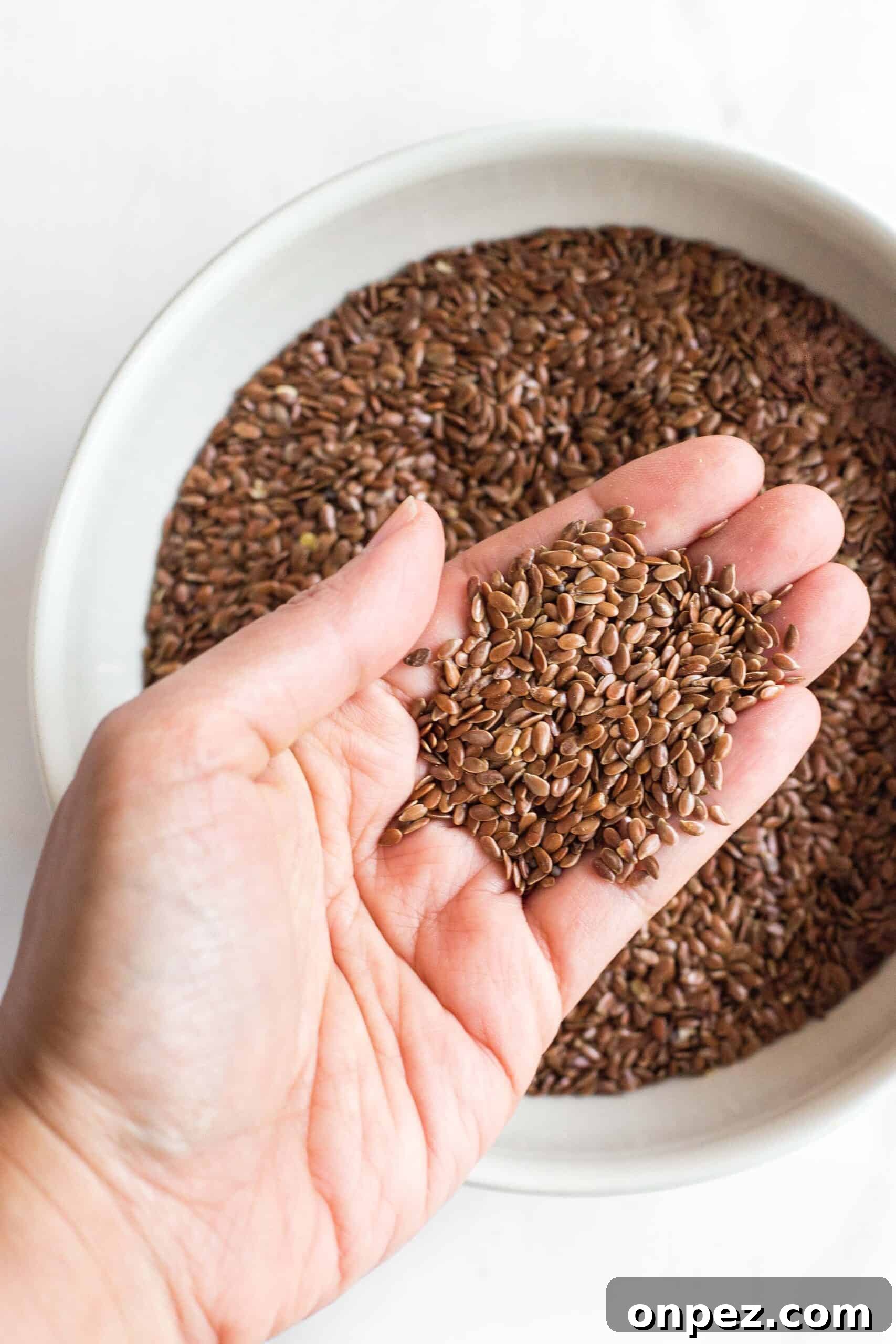 Easy Flaxseed Bread (Gluten-Free, Dairy-Free) Hand holding up brown flax seeds.