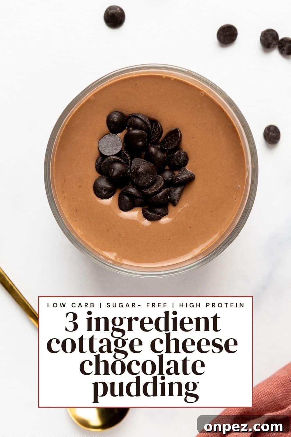 Cottage cheese chocolate pudding topped with dark chocolate chips on a white background.