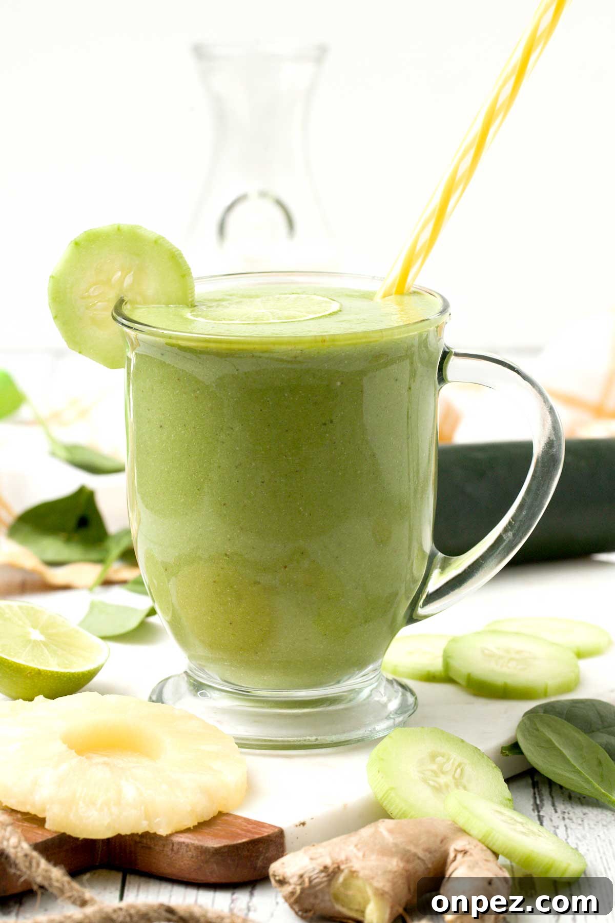 The signed view of detox smoothie with cucumber pineapple ginger and lime with a yellow straw.