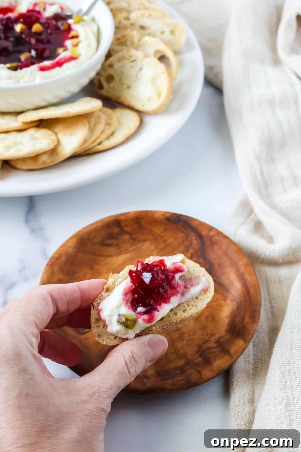 a hand holds a slice of baguette spread with whipped ricotta, cranberry sauce, and pistachios.