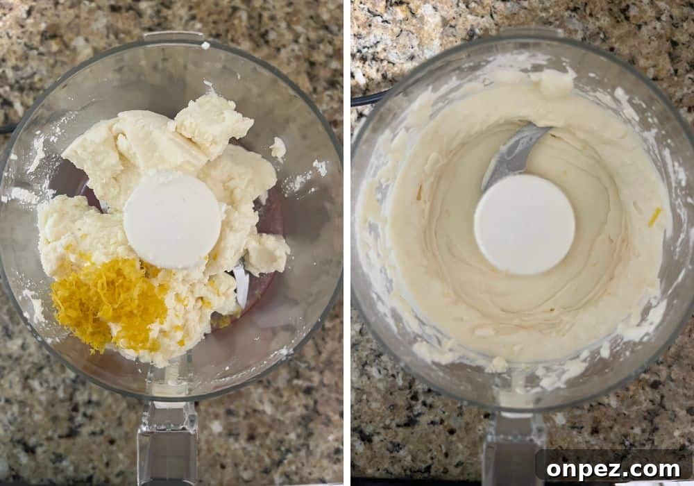 two photos; one shows ricotta cheese, lemon juice, and lemon zest in a food processor; the other shows those ingredients blended together.