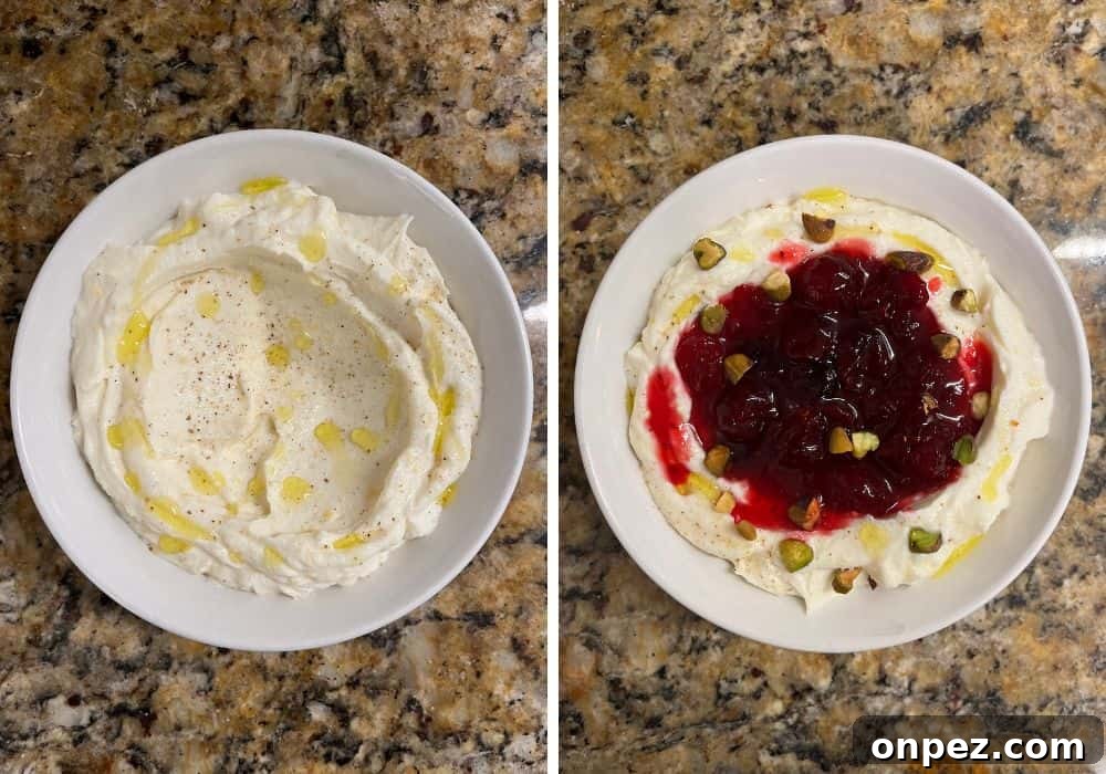 two photos; one shows the whipped ricotta spread into a dip bowl. It's been sprinkled with salt and pepper and drizzled with olive oil. The other photo shows cranberry sauce spooned over the ricotta, and pistachio nuts sprinkled over the top.