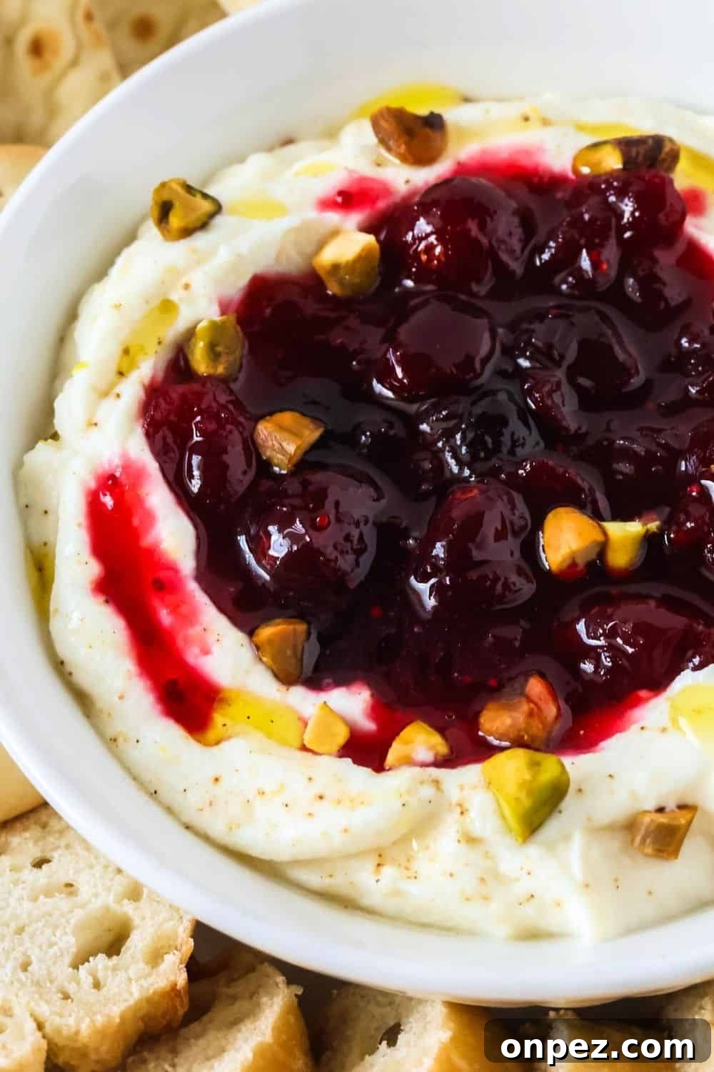 close-up view of cranberry pistachio whipped ricotta spread.