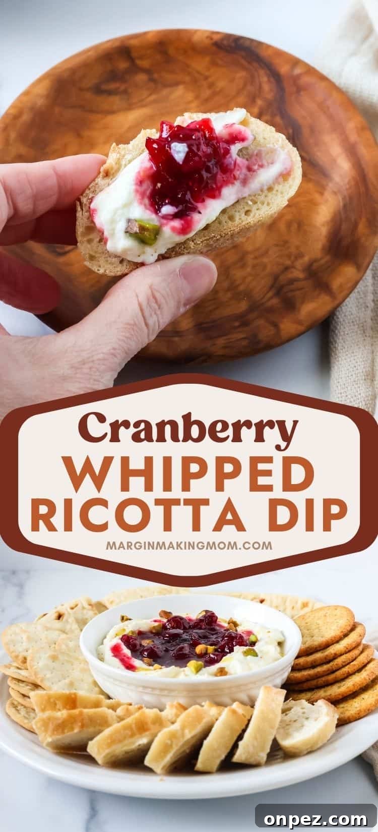 two photos; one shows a hand holding a slice of bread dipped in cranberry whipped ricotta; the other shows the appetizer tray of the dip and crackers and bread.