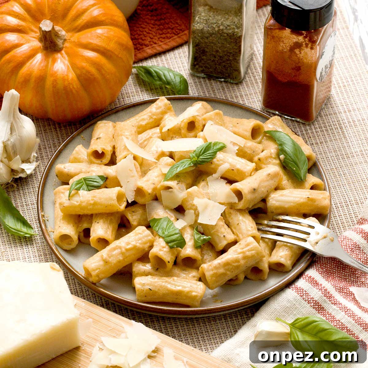 A plate of protein pumpkin pasta sauce with cottage cheese on rotini pasta with parmesan cheese on top.