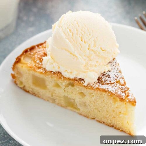 cake slice with fresh apples topped with vanilla ice cream