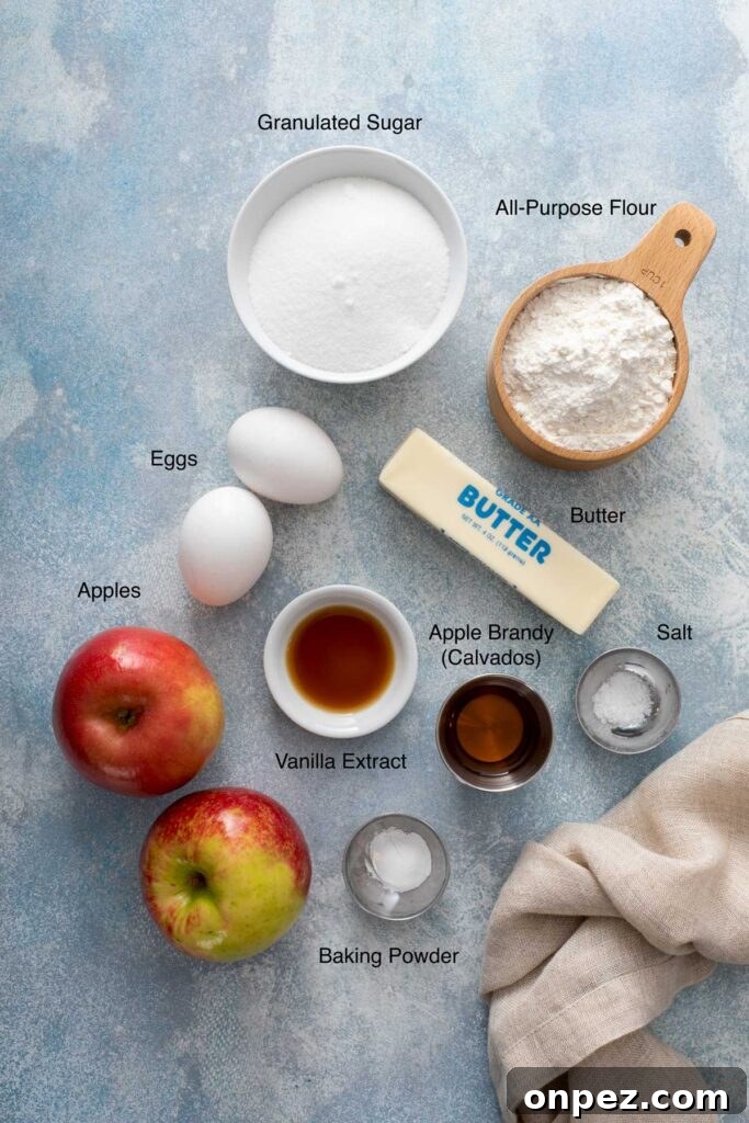 Ingredients needed to make French apple cake.