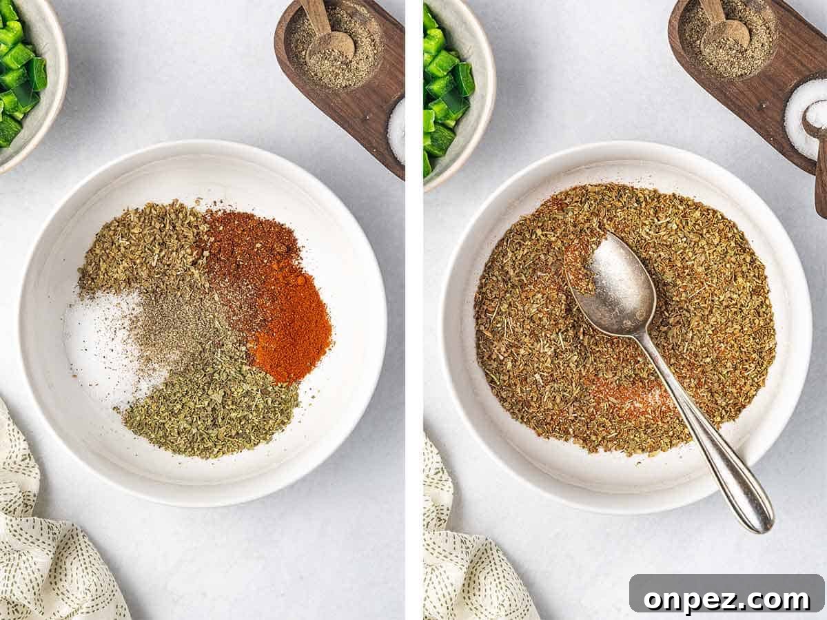 Set of two photos showing seasoning mixed in a small bowl.