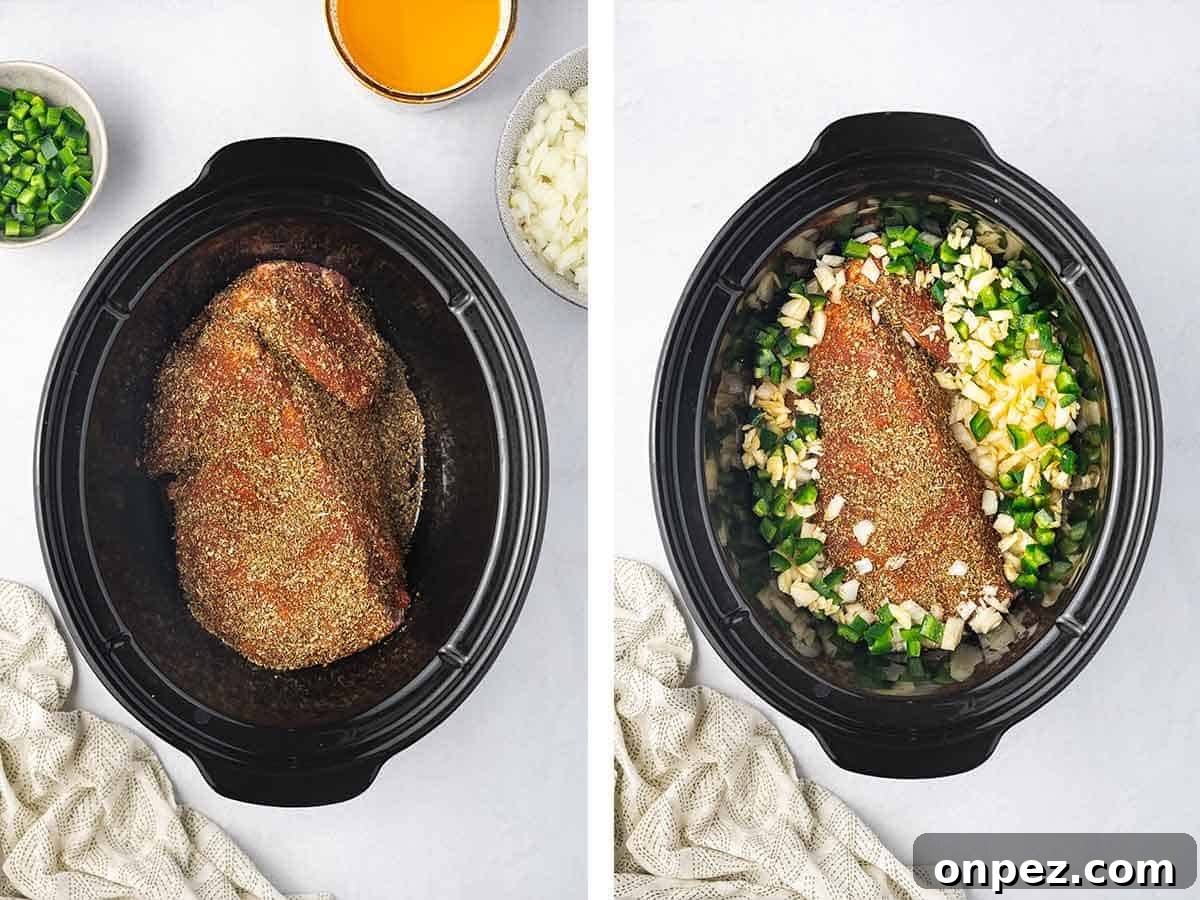 Set of two photos showing seasoned pork and aromatics added to a crock pot.