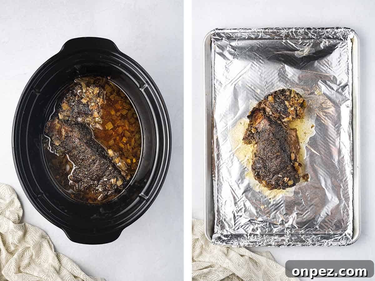 Set of two photos showing slow cooked pork moved from the crock pot to a lined sheet pan.