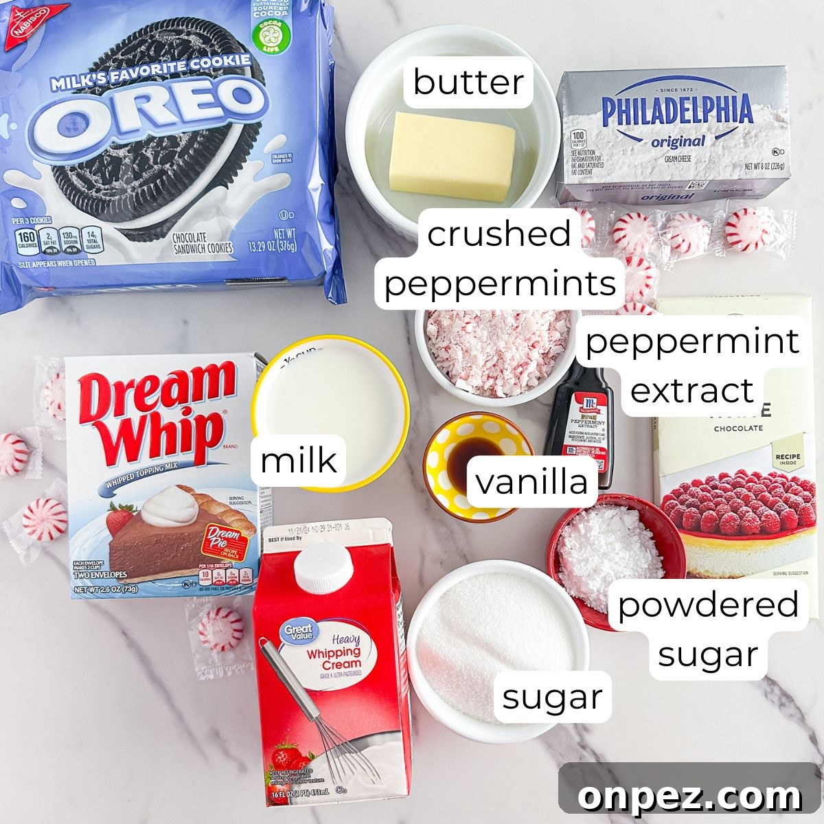Creamy Peppermint Pie with Chocolate Crust 3 Ingredients for peppermint pie.