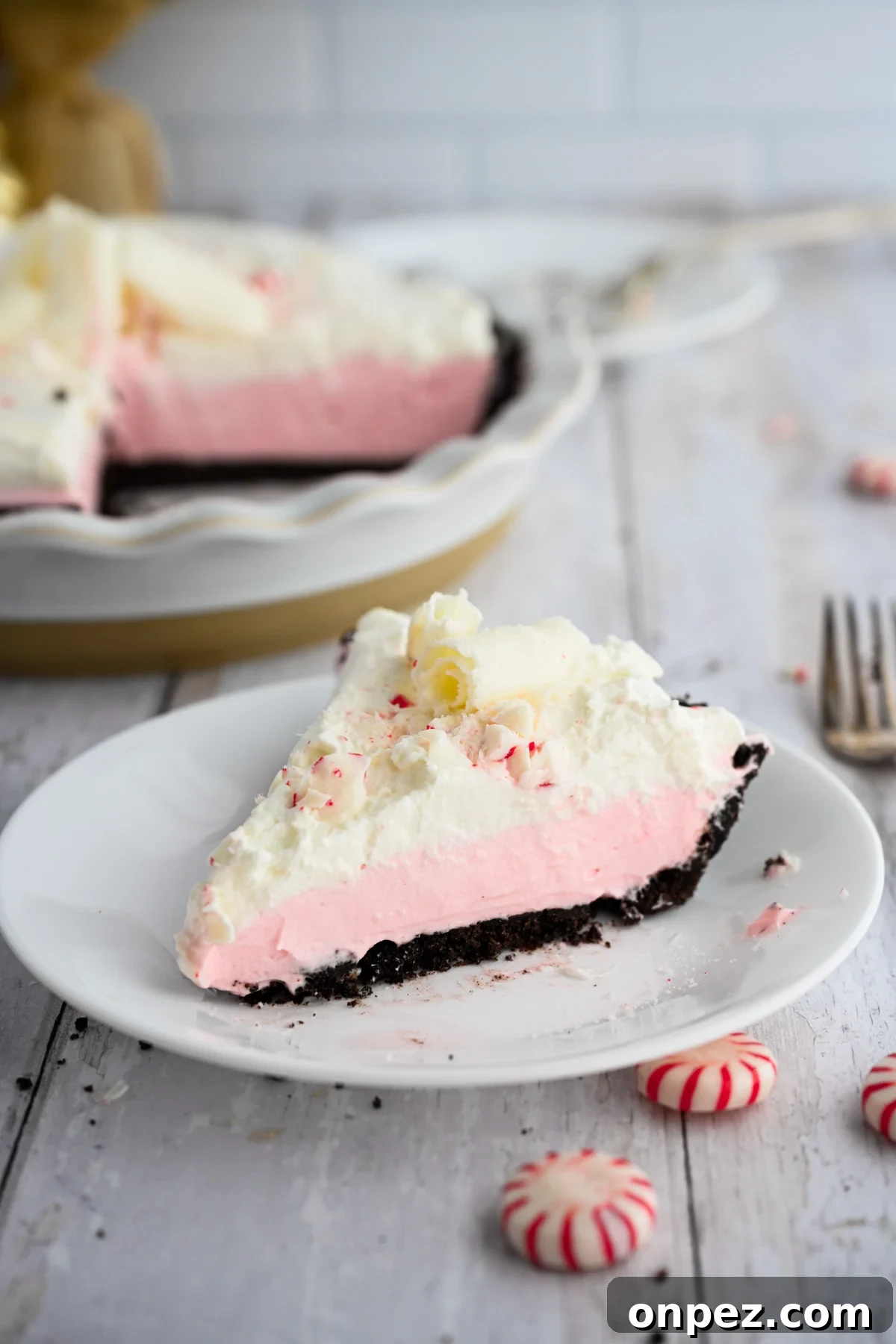 Creamy Peppermint Pie with Chocolate Crust 8 Slice of pie.