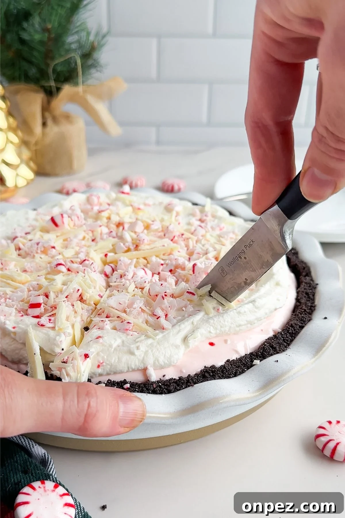 Creamy Peppermint Pie with Chocolate Crust 9 Cutting into peppermint pie.