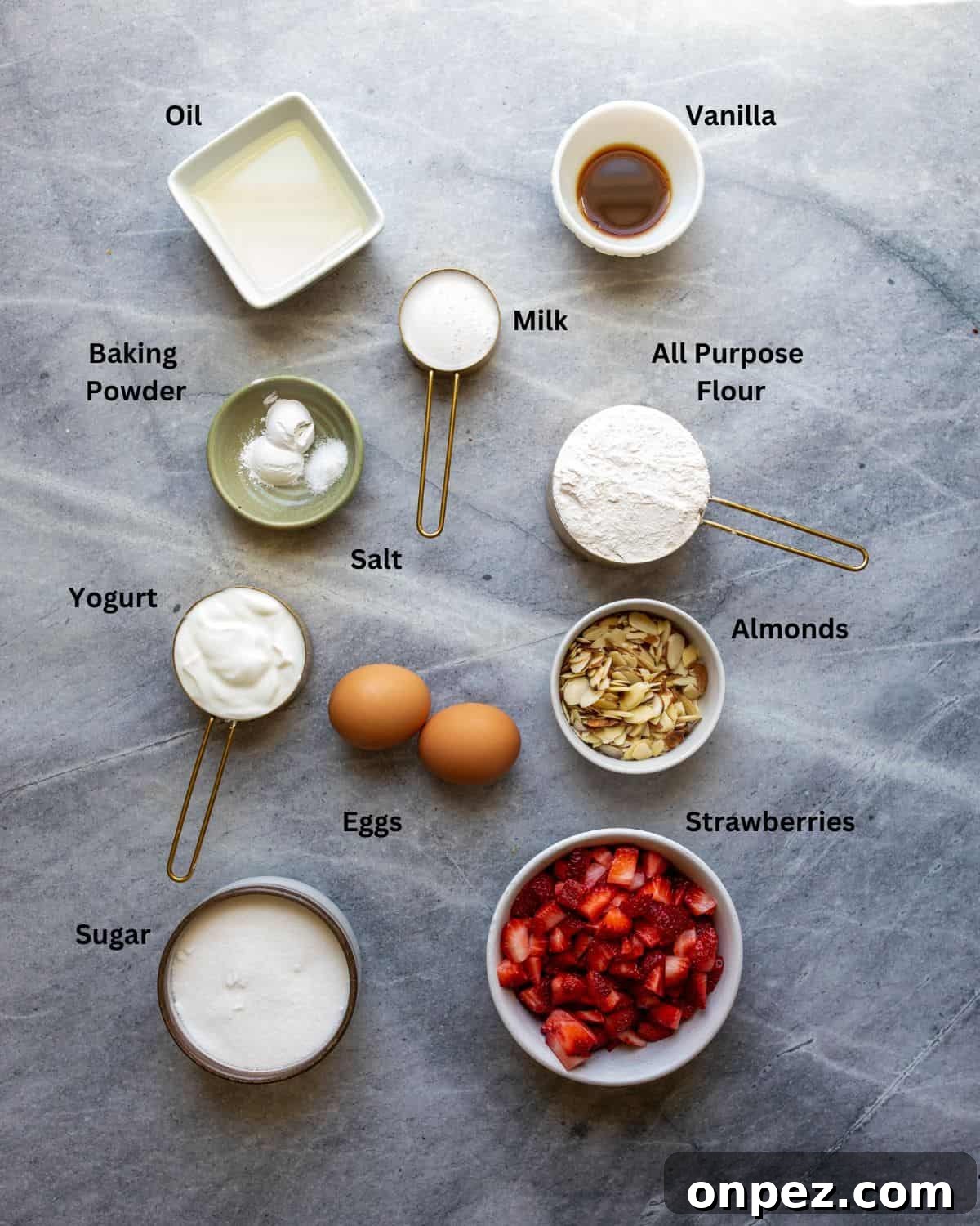Ingredients for strawberry yogurt muffins.