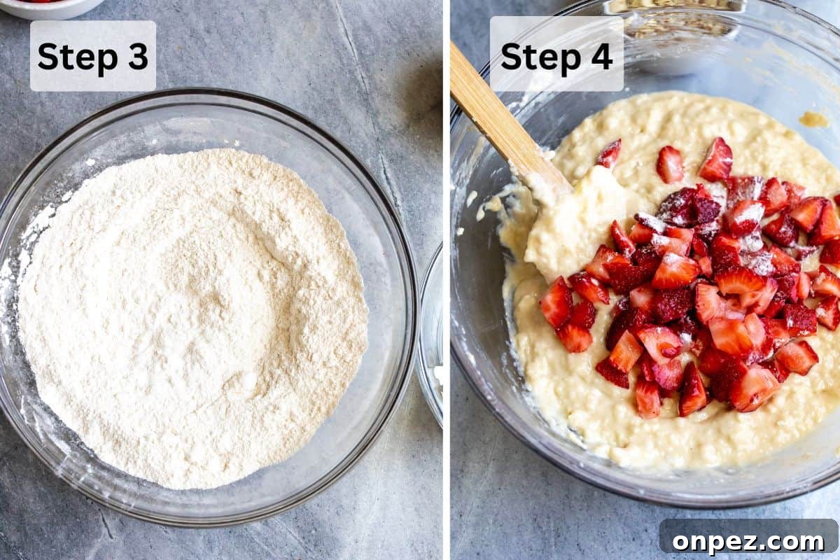Clear bowls with muffin ingredients mixed together.