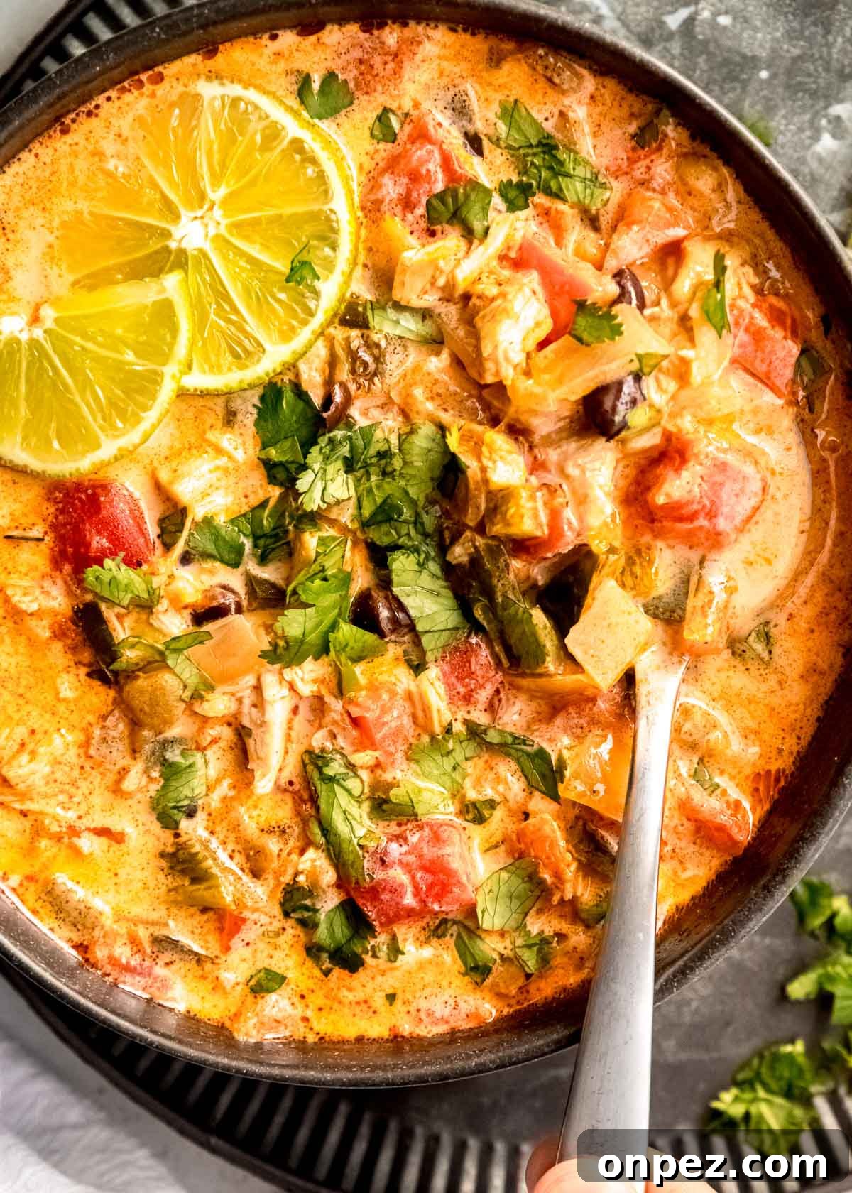 close up image of chicken poblano soup and spoon in black bowl