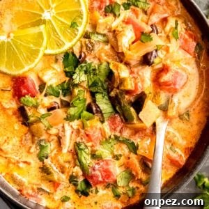 close up image of chicken poblano soup and spoon in black bowl
