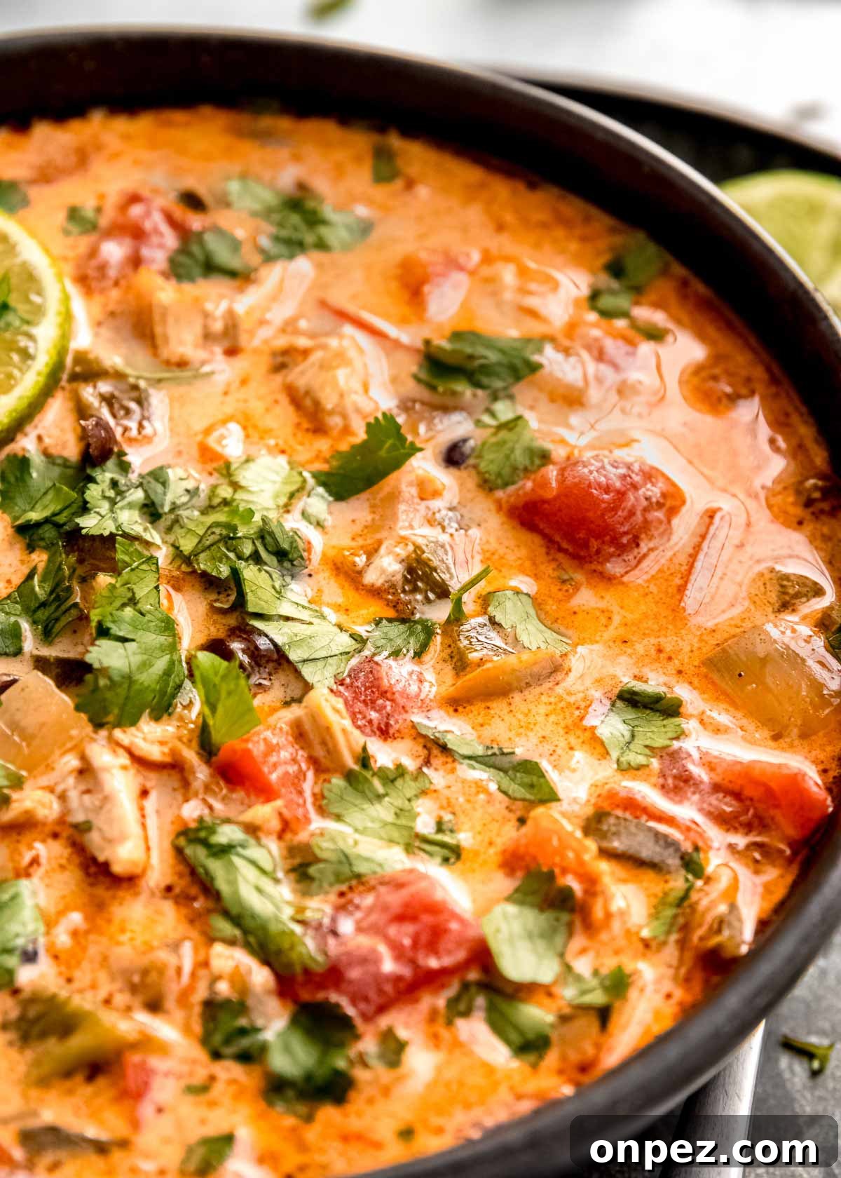 closeup view of a dark bowl of creamy chicken poblano soup garnished with fresh herbs and a lime slice