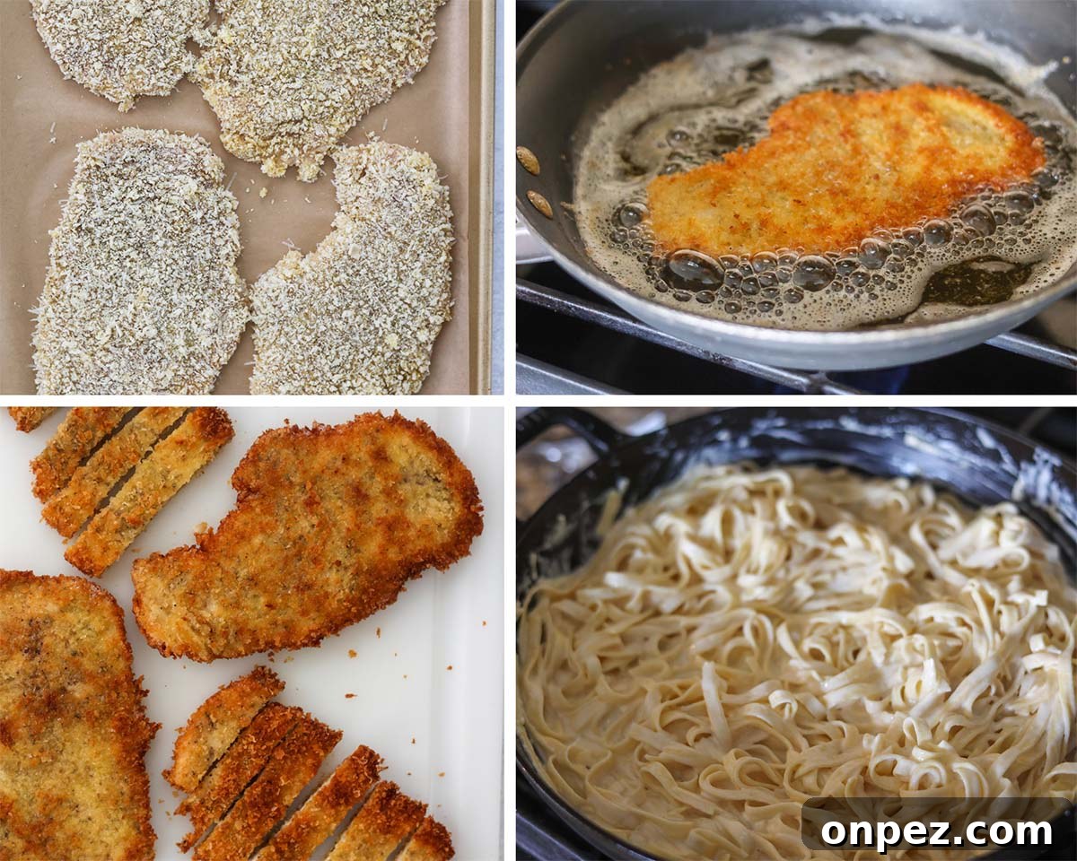 four photo collage showing breaded chicken, chicken frying in a skillet, and pasta and Alfredo sauce in a skillet.