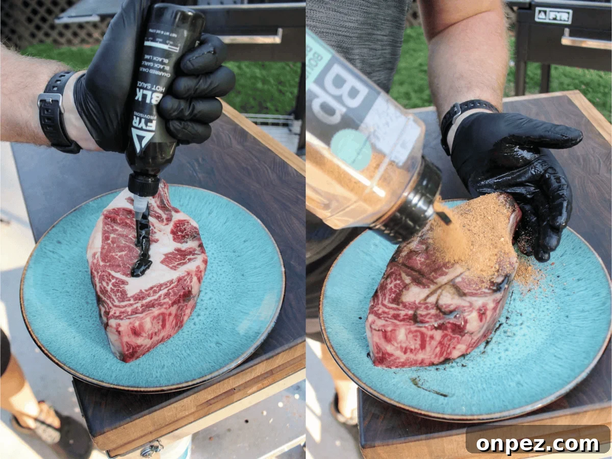 Seasoning ribeye steaks