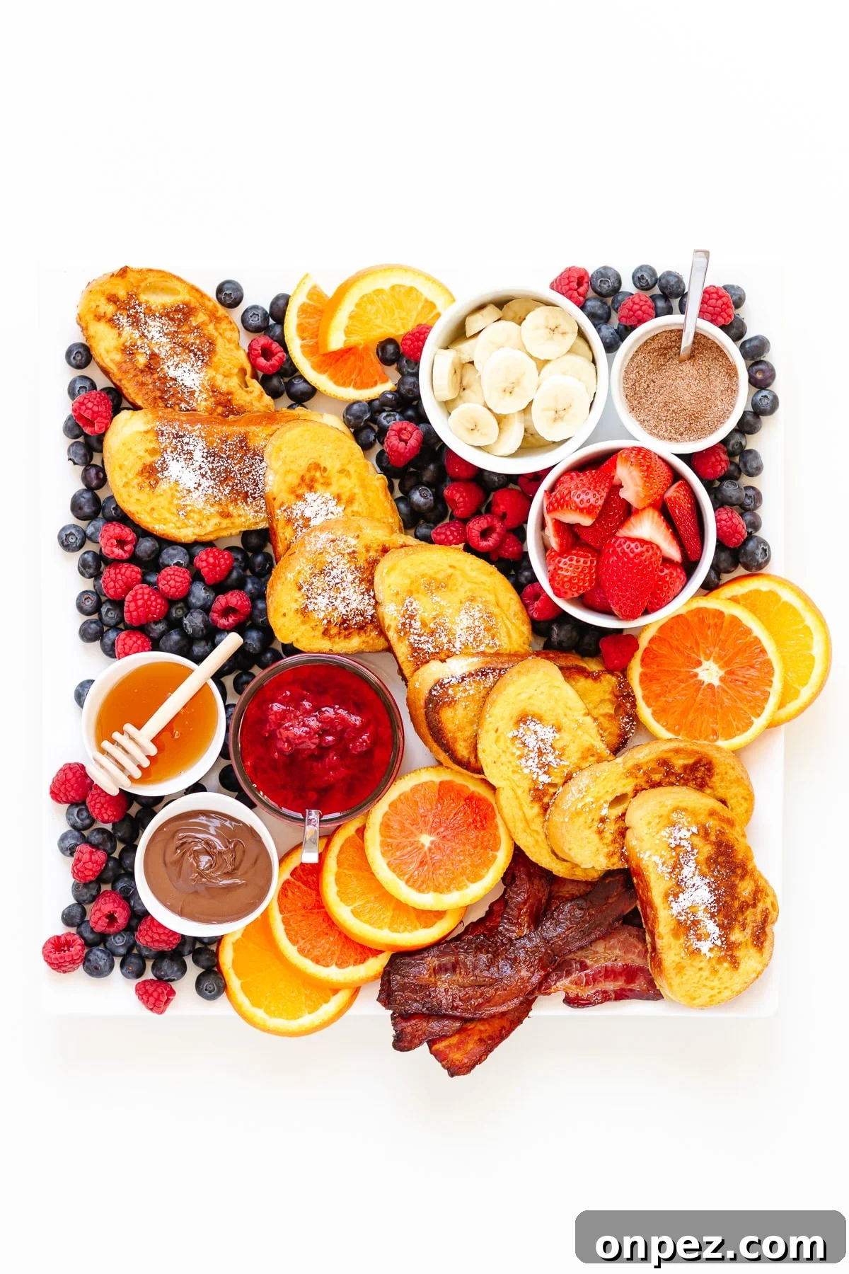 French toast breakfast platter on a white background.